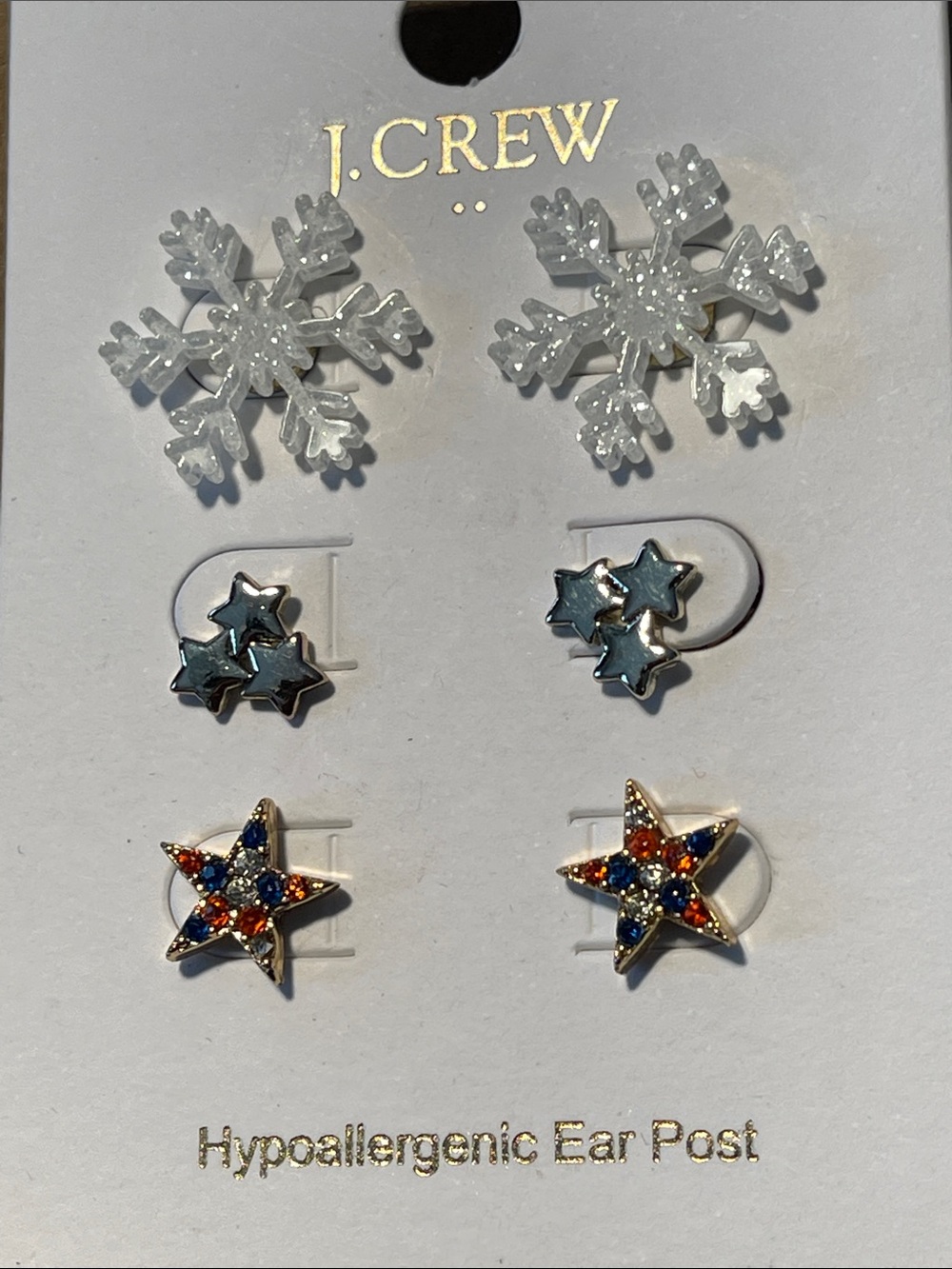 J. Crew hypoallergenic post earring set: patriotic and gold stars & snowflakes